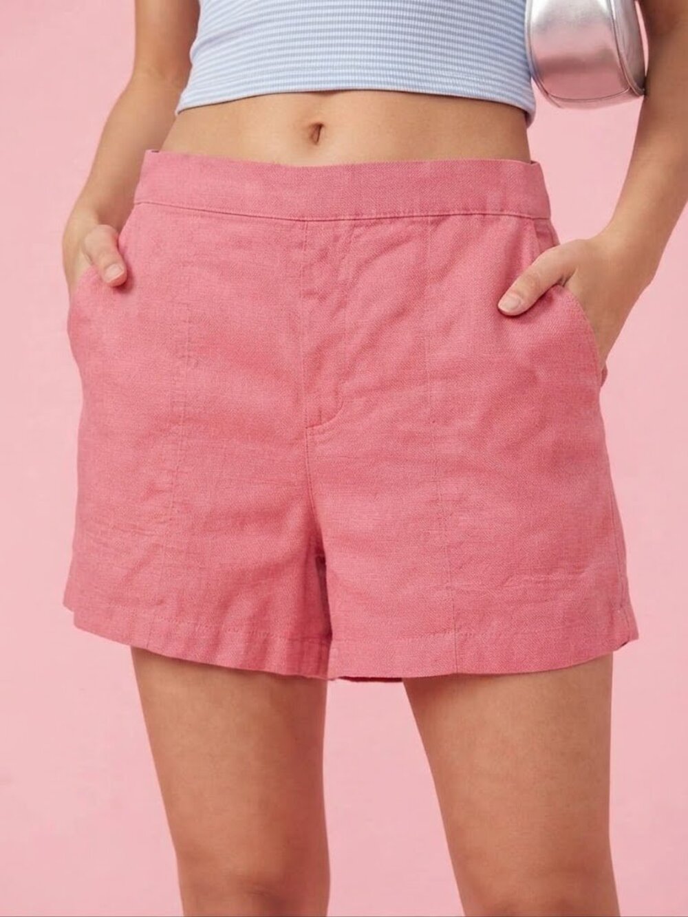 Coral Pink Linen-Blend High-Rise Shorts